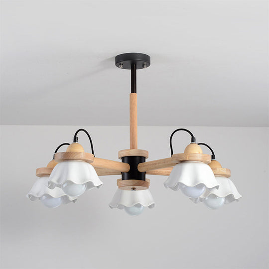 Nordic Wooden Chandelier With Scallop Shades - Perfect For Living Room Ceiling Lighting