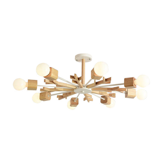 Japanese Style Beige Wood Chandelier - Snowflake Pendant Light For Bedroom