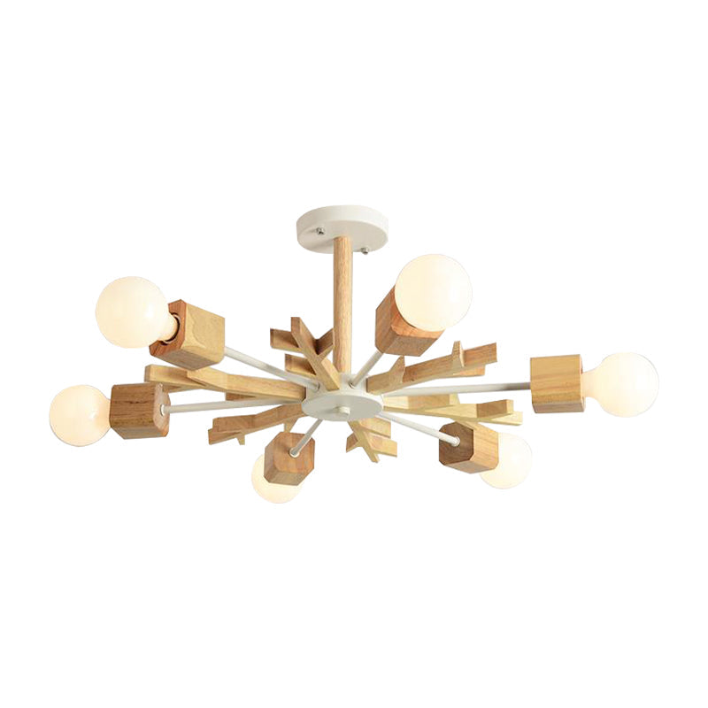 Japanese Style Beige Wood Chandelier - Snowflake Pendant Light For Bedroom