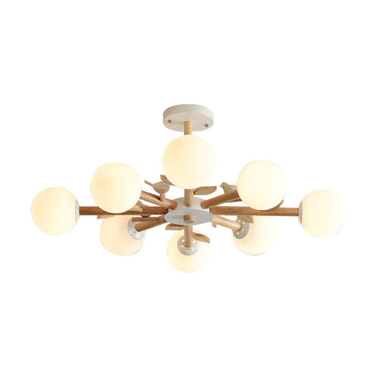 Japanese-Inspired Bedroom Chandelier With Orb Shade Birds Wood And Glass In White