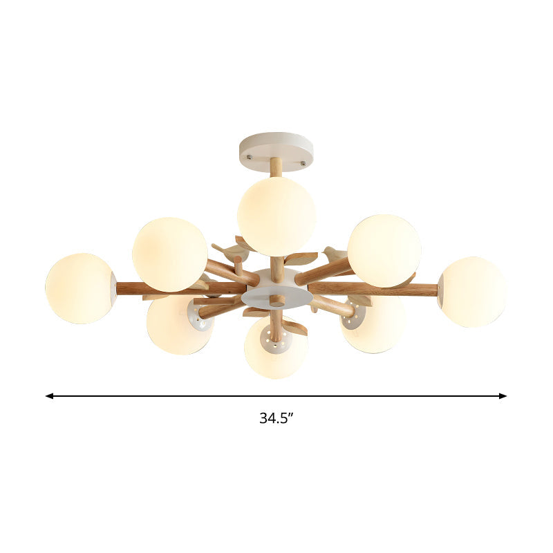 Japanese-Inspired Bedroom Chandelier With Orb Shade Birds Wood And Glass In White