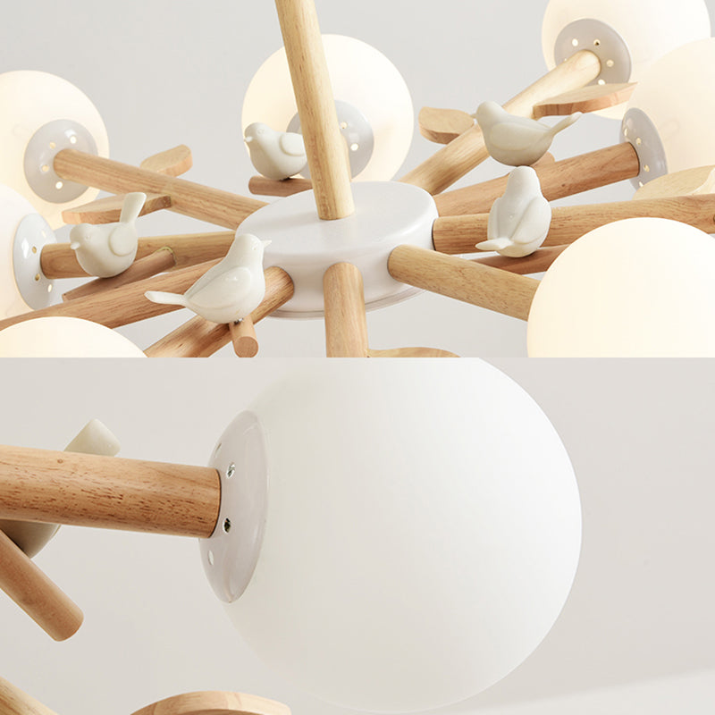 Japanese-Inspired Bedroom Chandelier With Orb Shade Birds Wood And Glass In White
