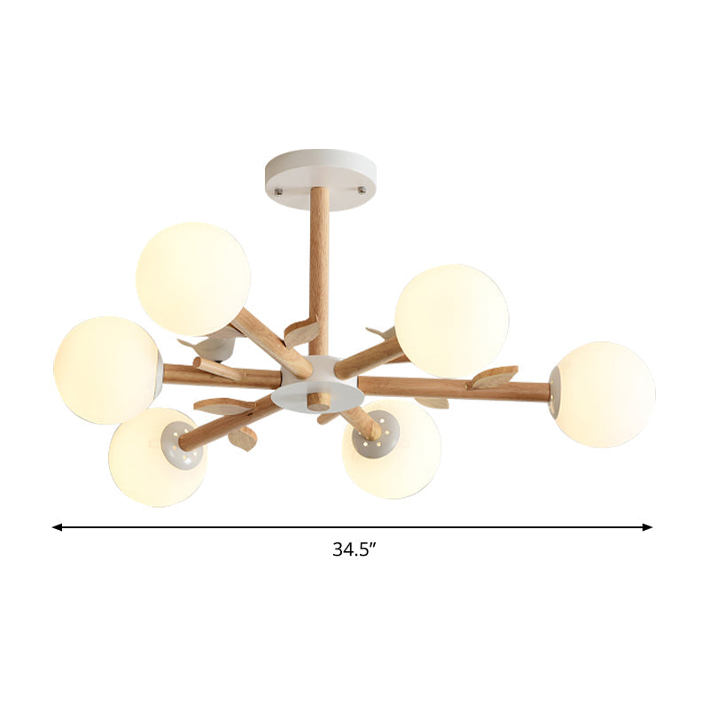 Japanese-Inspired Bedroom Chandelier With Orb Shade Birds Wood And Glass In White