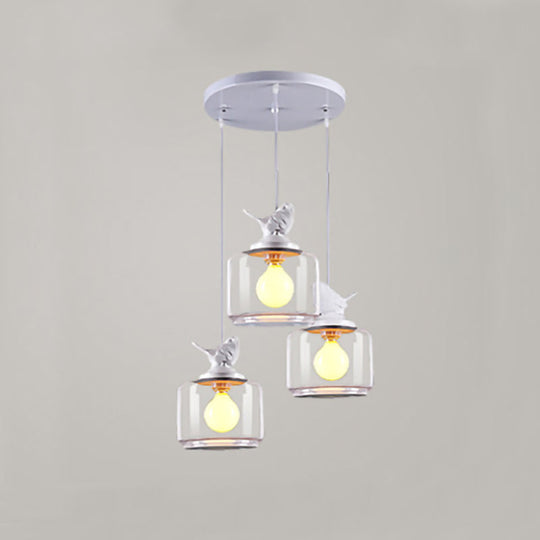 Modern Drum Hanging Lamp With Clear Glass And Bird Deco - Sleek White Ceiling Light For Living Room
