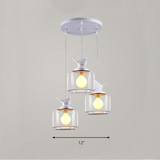 Modern Drum Hanging Lamp With Clear Glass And Bird Deco - Sleek White Ceiling Light For Living Room