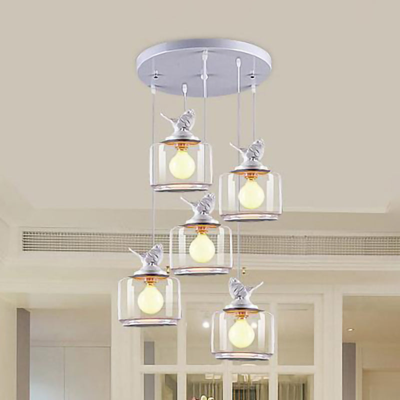Modern Drum Hanging Lamp With Clear Glass And Bird Deco - Sleek White Ceiling Light For Living Room