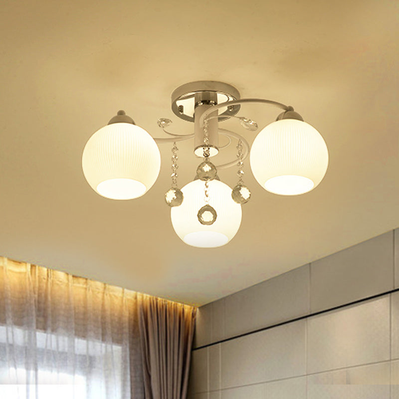 Traditional White Glass Ceiling Lamp With Crystal Draping - 3/5 Head Flush Mount