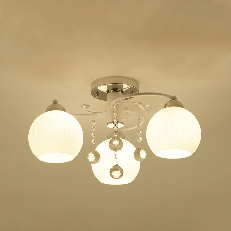 Traditional White Glass Ceiling Lamp With Crystal Draping - 3/5 Head Flush Mount