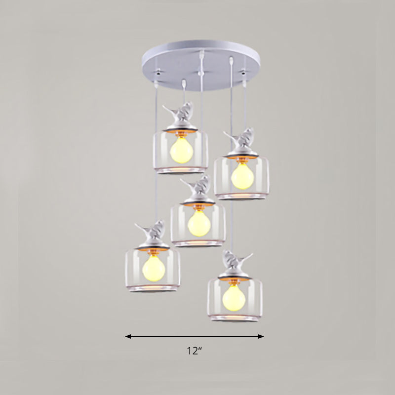 Modern Drum Hanging Lamp With Clear Glass And Bird Deco - Sleek White Ceiling Light For Living Room
