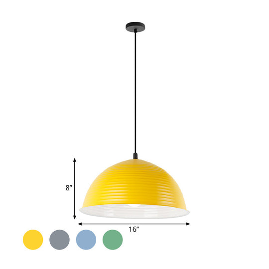 Industrial Grey/Yellow Hanging Lamp With Ribbed Dome Shade - 1 Light 12’/16’ Wide Metal Indoor