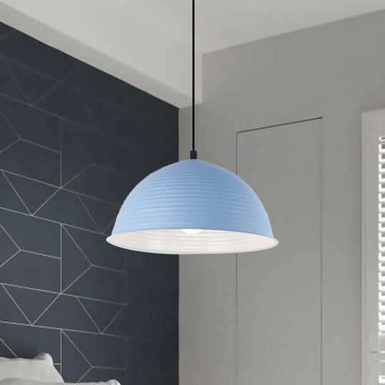 Industrial Grey/Yellow Hanging Lamp With Ribbed Dome Shade - 1 Light 12’/16’ Wide Metal Indoor