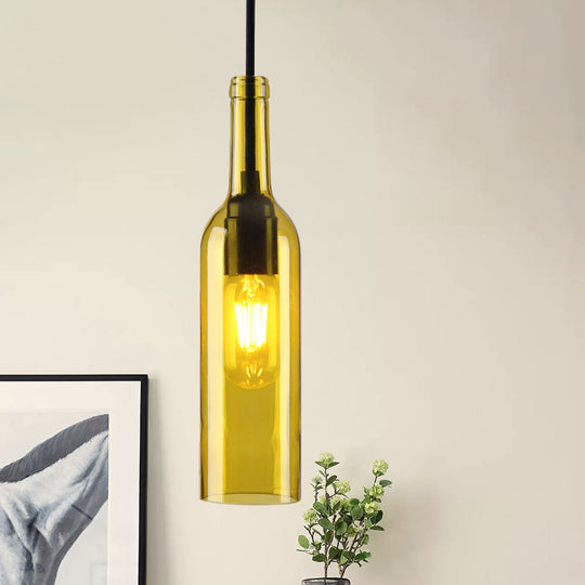 Industrial Glass 1-Head Hanging Lamp With Red/Yellow Bottle Shade For Dining Room