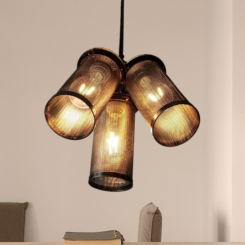 Vintage Style Iron Cylinder 3-Light Black Hanging Restaurant Lamp With Mesh Cage Shade