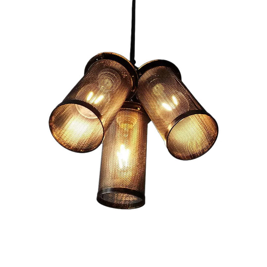 Vintage Style Iron Cylinder 3-Light Black Hanging Restaurant Lamp With Mesh Cage Shade