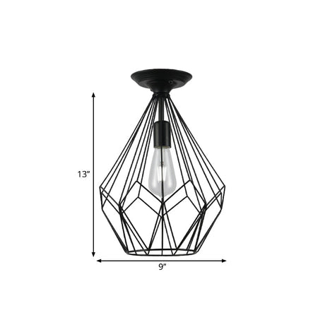 Black Metallic Cage Diamond Ceiling Light Fixture For Corridor - Loft Industrial Style Close To