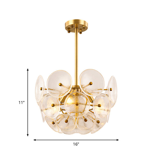 Modern Gold Finish Hanging Chandelier With Clear Glass Discs Triple Light Pendant Lamp