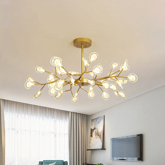 Modern Gold Finish Chandelier With Branch Arm Pendant - Multi-Light Metal Ceiling Fixture
