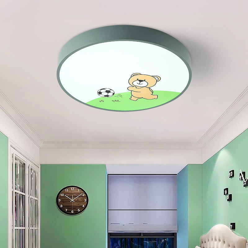 Green Acrylic Circular Ceiling Light With Playful Bear Macaron Lamp For Boys Bedroom