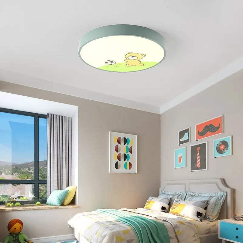 Green Acrylic Circular Ceiling Light With Playful Bear Macaron Lamp For Boys’ Bedroom