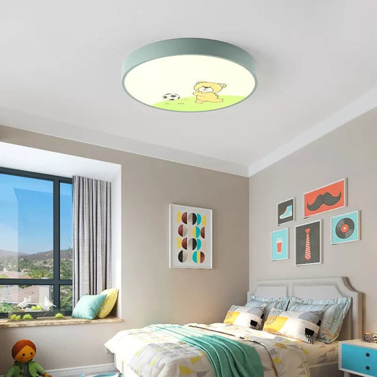 Green Acrylic Circular Ceiling Light With Playful Bear Macaron Lamp For Boys Bedroom