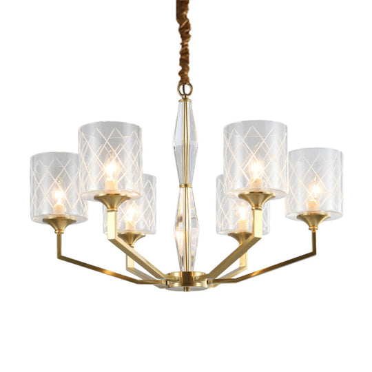 Emanuela - Elegant Grid Cylinder Shade Chandelier Style Metallic Ceiling Pendant In Gold For Study