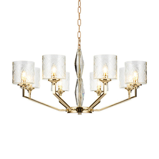Emanuela - Elegant Grid Cylinder Shade Chandelier Style Metallic Ceiling Pendant In Gold For Study
