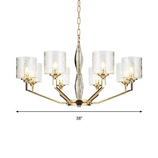 Emanuela - Elegant Grid Cylinder Shade Chandelier Style Metallic Ceiling Pendant In Gold For Study
