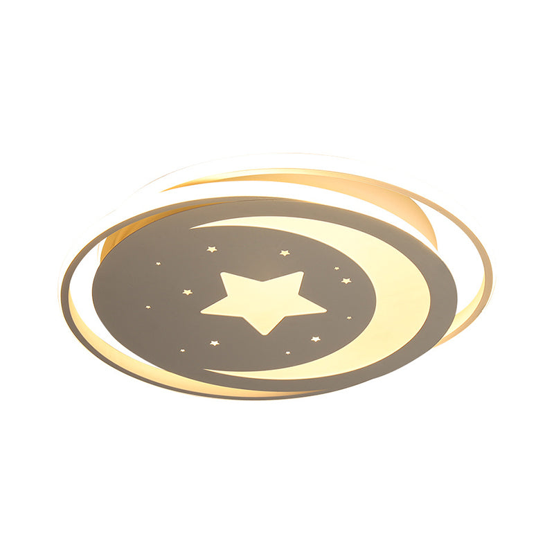 White Metal Moon&Star Ceiling Light - Creative Led Flush Mount For Kids’ Bedroom & Corridor