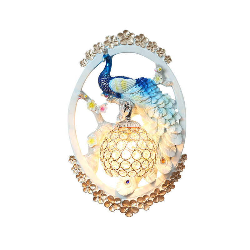 K9 Crystal Ball Peacock Design Wall Sconce - Contemporary Blue & White Living Room Lighting