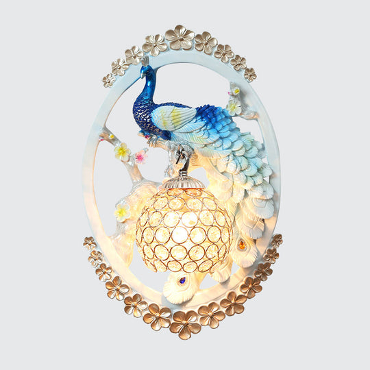 K9 Crystal Ball Peacock Design Wall Sconce - Contemporary Blue & White Living Room Lighting