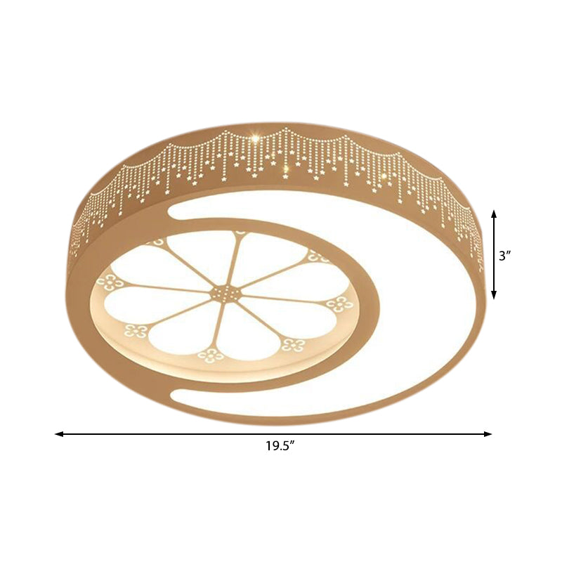 Children’s Metallic Ceiling Lamp: Circular Led Flush Mount Light With Crescent And Flower Design