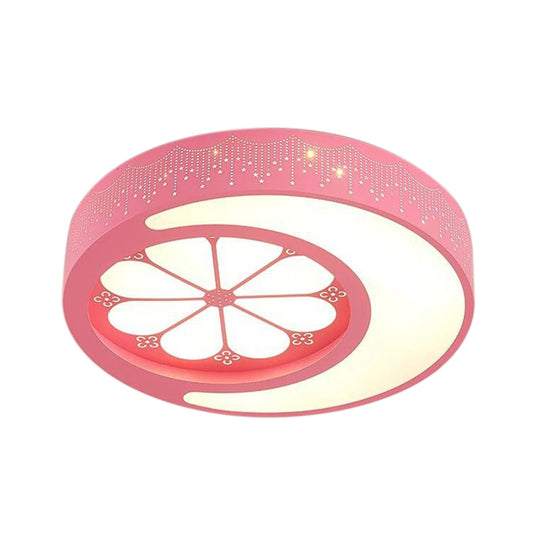 Children’s Metallic Ceiling Lamp: Circular Led Flush Mount Light With Crescent And Flower Design