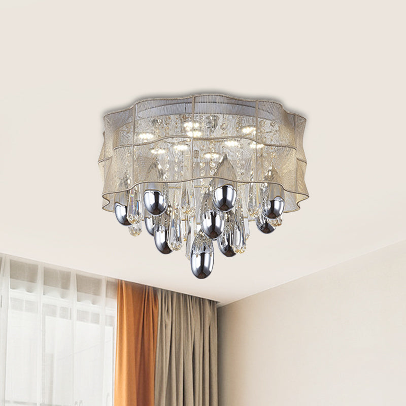 Led Flush Mount Beige Sheer Ceiling Lamp With Crystal Droplet - 20’/25.5’ Wide