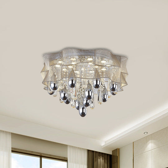 Led Flush Mount Beige Sheer Ceiling Lamp With Crystal Droplet - 20’/25.5’ Wide