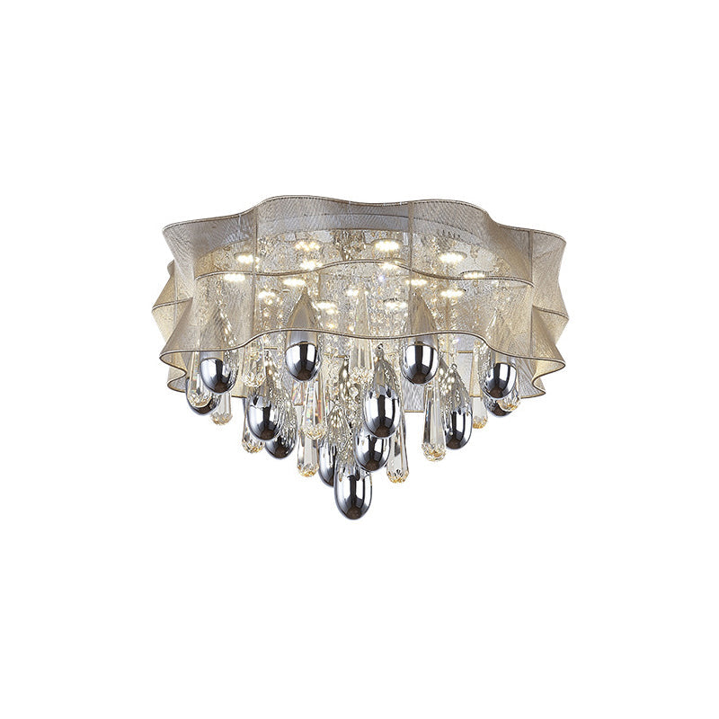 Led Flush Mount Beige Sheer Ceiling Lamp With Crystal Droplet - 20’/25.5’ Wide