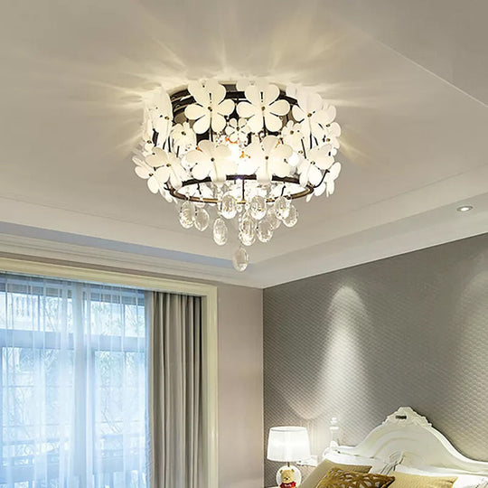 Black Drum Flush Mount Light With Nordic K9 Crystal Ball And Petal Decoration - Bedroom Ceiling Lamp