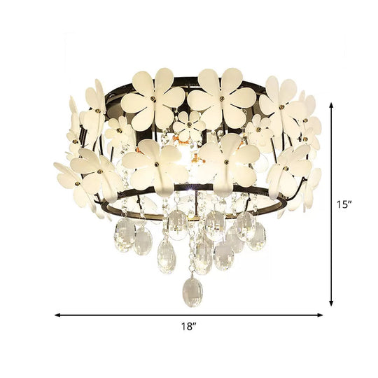 Black Drum Flush Mount Light With Nordic K9 Crystal Ball And Petal Decoration - Bedroom Ceiling
