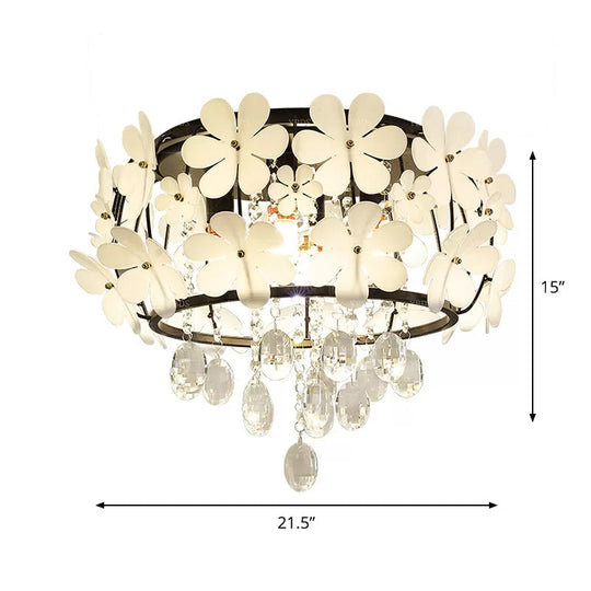 Black Drum Flush Mount Light With Nordic K9 Crystal Ball And Petal Decoration - Bedroom Ceiling