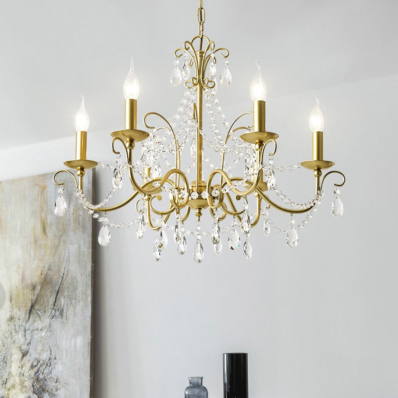 Traditional Candle Hanging Lamp - Metal Chandelier With Crystal Decor In Champagne (3/6 Heads)