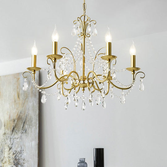 Traditional Candle Hanging Lamp - Metal Chandelier With Crystal Decor In Champagne (3/6 Heads)