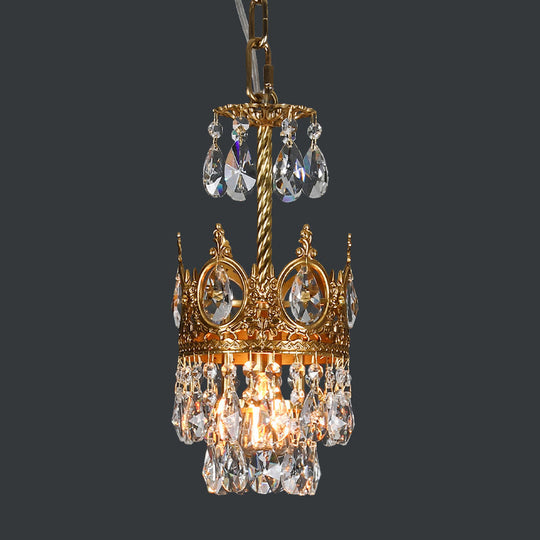 Traditional Crown-Shape Crystal Flush Hanging Lamp Kit With Hand Cut Brass Frame