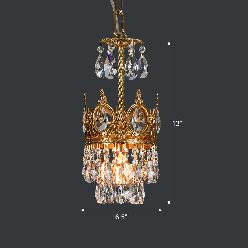 Traditional Crystal Crown Hanging Lamp Kit - Single Bulb Flush Lighting In Brass