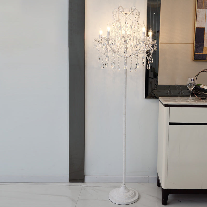 Contemporary White Crystal 4-Head Floor Lamp With Candlestick Shade For Living Room Lighting