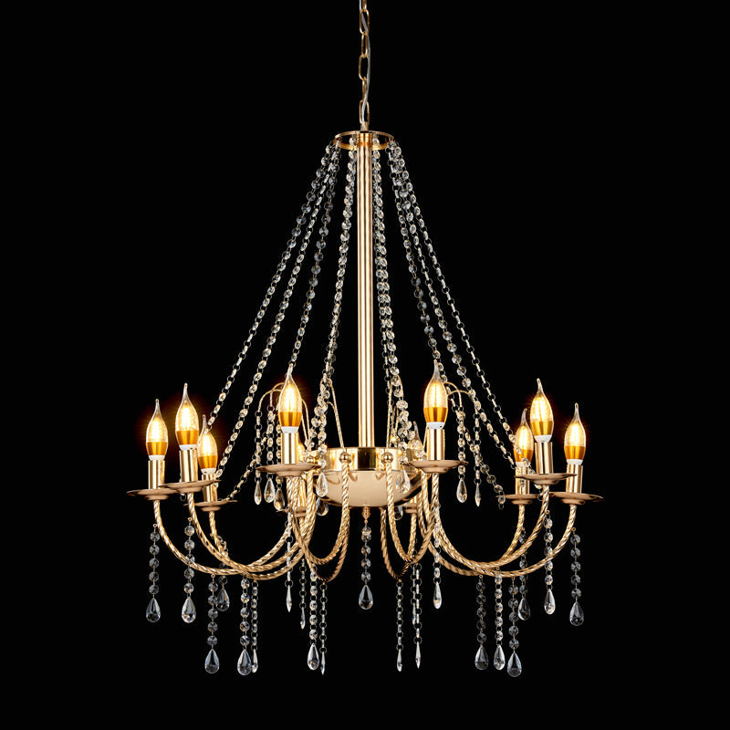 8-Light Retro Crystal Chain Hanging Chandelier With Gold Swoop Arm