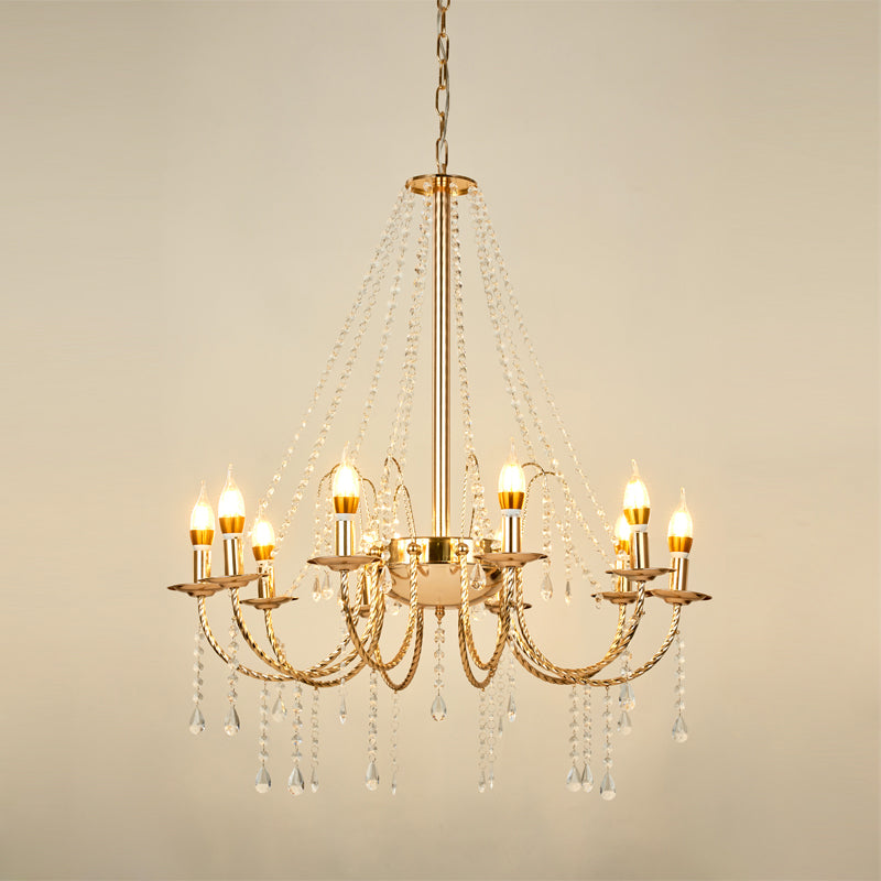 8-Light Retro Crystal Chain Hanging Chandelier With Gold Swoop Arm