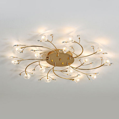 Gold Crystal Spiral Branch Flush Ceiling Lamp - Minimalist 15-Head Mounted Light
