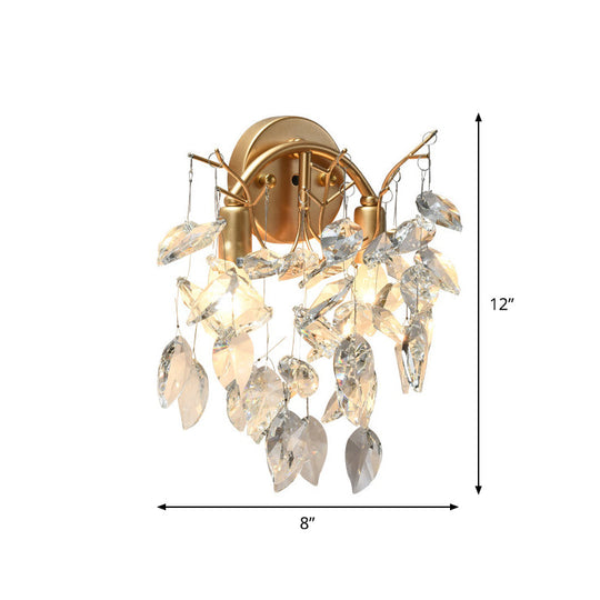 Contemporary Gold Crystal Leaf Wall Lamp With 2 Bulbs - Mounted Lighting For Living Room