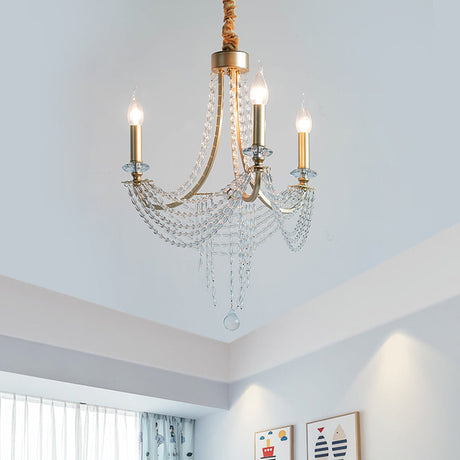 Rustic Iron 3-Head Bedroom Pendant Light With Crystal Stands - Champagne Arm Candle Chandelier