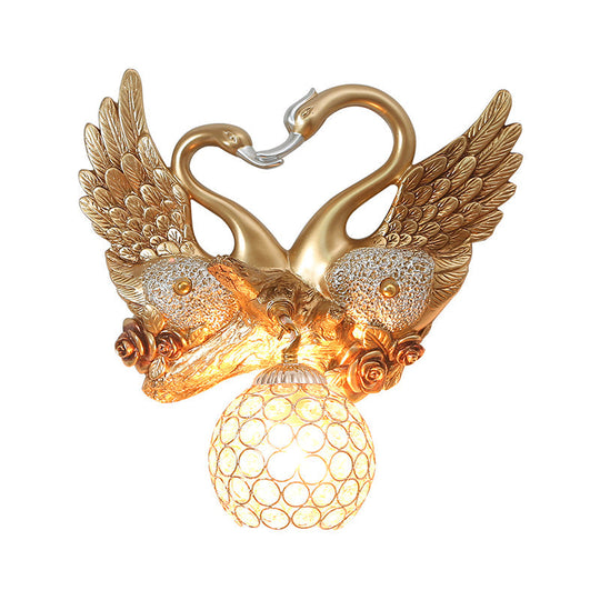 Modern Gold Swan Wall Sconce With Crystal Shade - 1-Light Bedroom Lighting