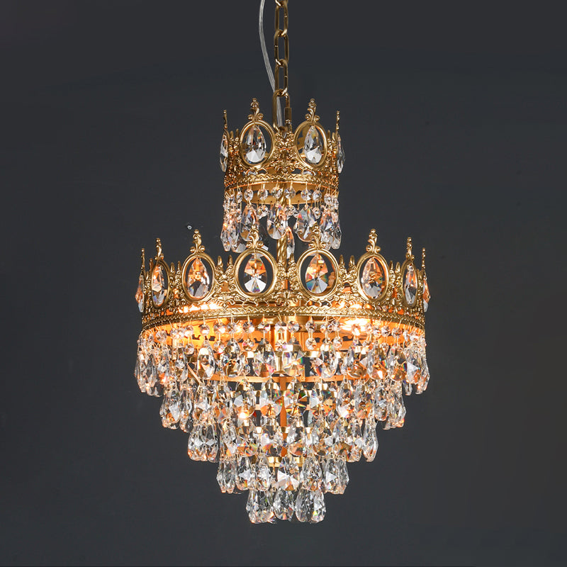 Tiered Tapered Chandelier With Clear Teardrop Crystals - Traditional Style Gold Crown Top